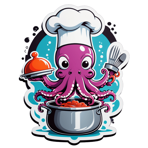 Un pulpo con un gorro de chef en su mano izquierda y una olla en su mano derecha sticker