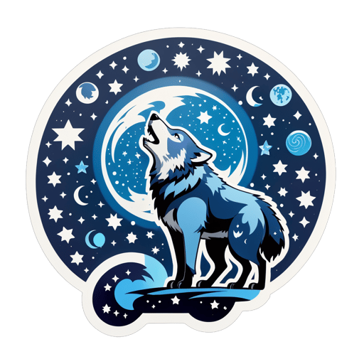 Ein Wolf mit einem Mondanhänger in seiner linken Hand und einer Sternenkarte in seiner rechten Hand sticker