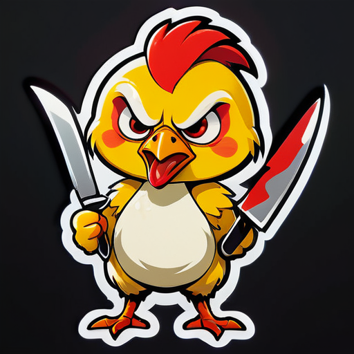 un pollito de gallina enojado y letal sosteniendo una enorme pegatina de cuchillo sticker