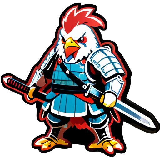 A chicken wearing the armor of a Japanese general, holding two long swords, with scars on its face, in a tired state from battle, and with multiple bleeding wounds on its body sticker