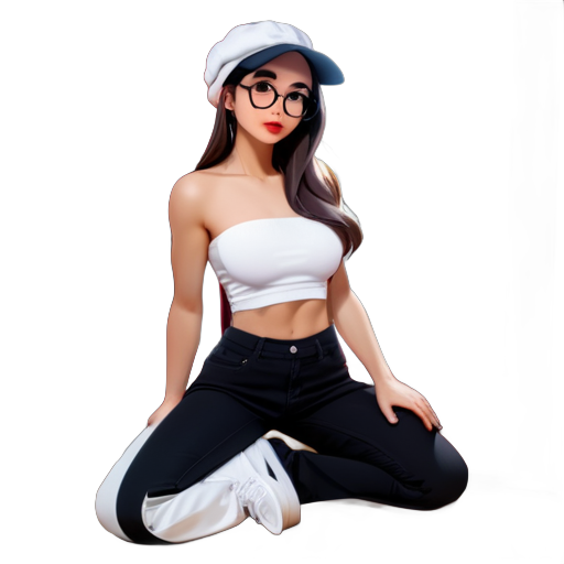 1girl, solo, long hair, breasts, looking at viewer, brown hair, black hair, hat, navel, bare shoulders, brown eyes, collarbone, full body, parted lips, glasses, socks, midriff, pants, indoors, lips, crop top, window, kneeling, makeup, beret, white headwear, arms behind back, black pants, bound, white footwear,  bondage, rope, jeans, wooden floor, round eyewear, red lips,  sliding doors, red rope sticker