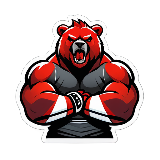 Create a logo featuring a muscular and robust bear with a fierce and intimidating expression. The bear should be standing with its arms crossed over its chest, wearing MMA gloves. The gloves must be red or black with white accents. The bear should have furrowed brows, piercing eyes, and slightly bared teeth, conveying a look of anger. The illustration style should be realistic cartoon, with strong sticker