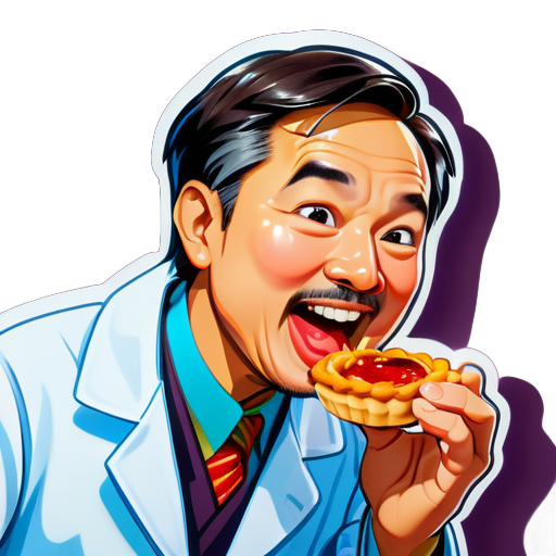 An Asian doctor eats a Portuguese tarts sticker