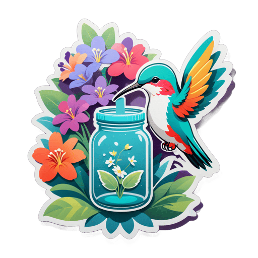 A hummingbird with a flower in its left hand and a nectar jar in its right hand sticker