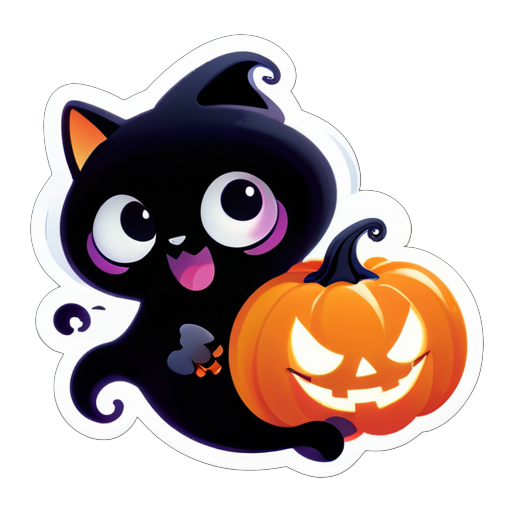 Create a cute Halloween sticker design featuring a friendly ghost playfully holding or interacting with a black cat. The ghost should be smiling and have a whimsical appearance, while the black cat looks curious and playful. Use a colorful, fun style with Halloween-themed elements like pumpkins or bats in the background. sticker