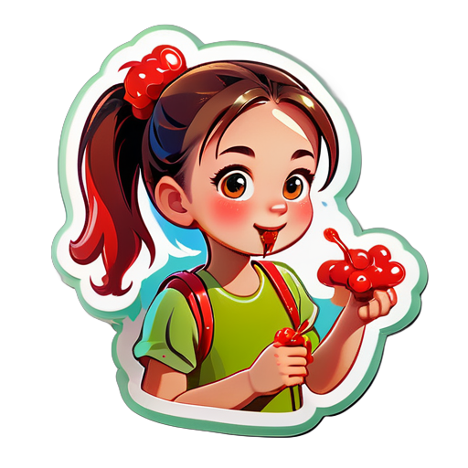 Girl with ponytail eating candied haws in the field sticker