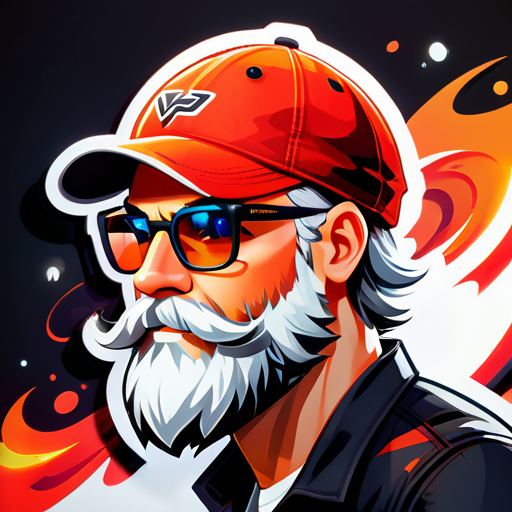 Beard: Well-groomed, stylish white beard for a touch of maturity without appearing too old.
Glasses: Modern, sleek black glasses adding sophistication and intelligence.
Cap: Sporty cricket-style cap worn upside-down for a unique and playful touch.
Background: Fiery effects or flames in the backdrop to represent the intense action of Free Fire gaming. sticker