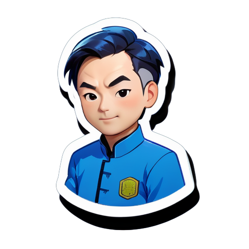 An image of a master wearing a blue work uniform, only the upper body, Chinese image sticker