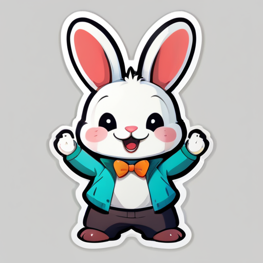 Draw a sticker of a happy rabbit, delighted, avoid white color, frontal view of rabbit, avoid dark color, cartoon style sticker