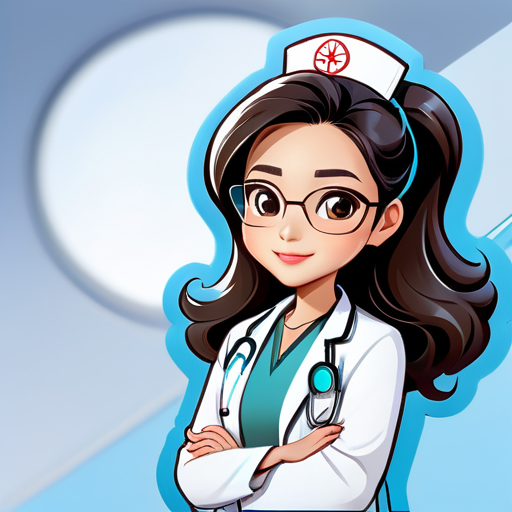 Using a cartoon image of a Chinese female doctor as the avatar, wearing a formal doctor's uniform or white coat, with a slight smile on her face, having big wavy hair, wearing a stethoscope around her neck, arms crossed in front of her chest, wearing transparent glasses, with a light blue background in the picture. sticker