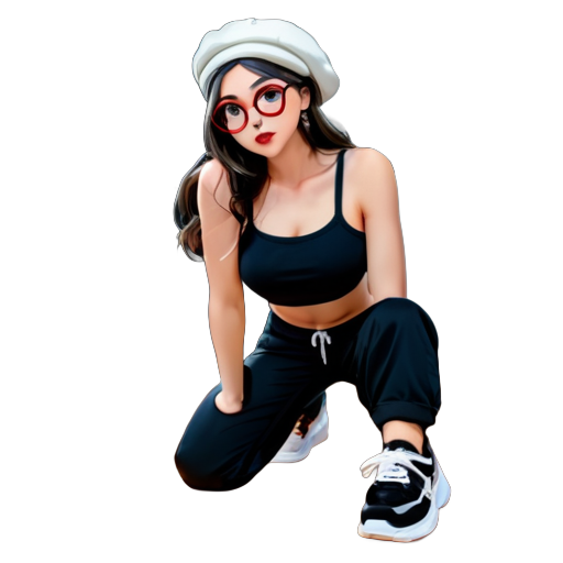 1girl, solo, long hair, breasts, looking at viewer, brown hair, black hair, hat, navel, bare shoulders, brown eyes, collarbone, full body, parted lips, glasses, socks, midriff, pants, indoors, lips, crop top, window, kneeling, makeup, beret, white headwear, arms behind back, black pants, bound, white footwear,  bondage, rope, jeans, wooden floor, round eyewear, red lips,  sliding doors, red rope sticker