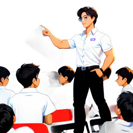 one teacher , one Student  , in auditorium, which as a roof lit pannels white roof , white plastic chairs, fans , a projector  


 The young, handsome teacher is standing confidently on stage, pointing to the screen.

 The auditorium is filled with students, each focused on their laptop placed on their lap, coding, 

The students are dressed neatly in white shirts and black jeans, sitting on white sticker