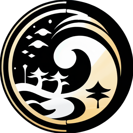 Create a logo image composed of the Yin and Yang Bagua, including elements such as the sun, moon, trees, tall buildings, and lakes, with a very simple and clear style. sticker