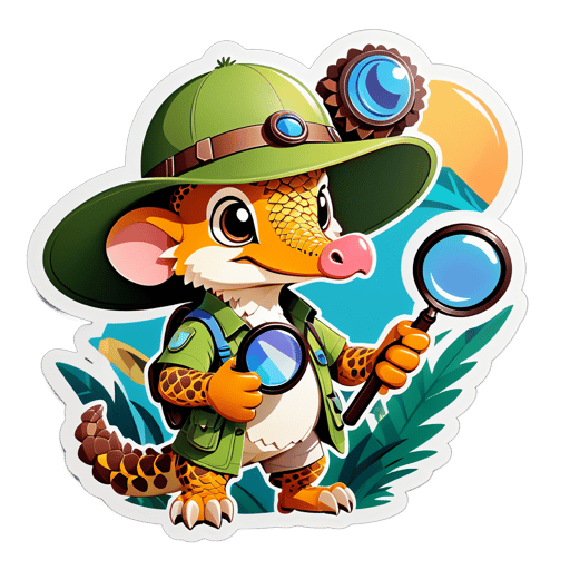 Ein Pangolin mit einem Forscherhut in der linken Hand und einer Lupe in der rechten Hand sticker