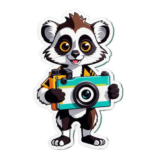 A lemur with a camera in its left hand and a travel guide in its right hand sticker