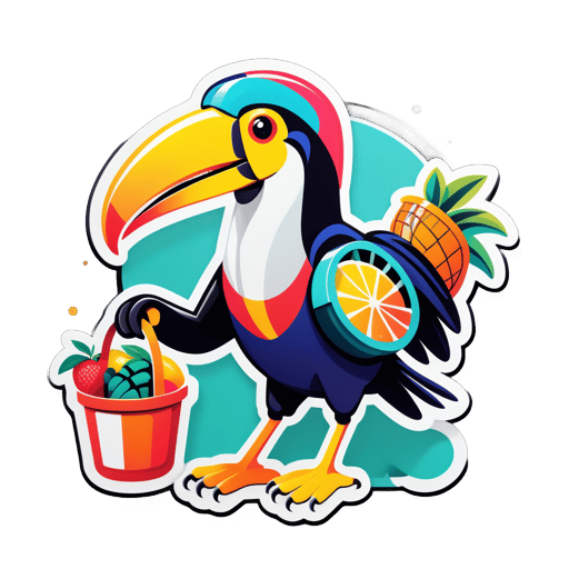 A toucan with a fruit basket in its left hand and a juicer in its right hand sticker