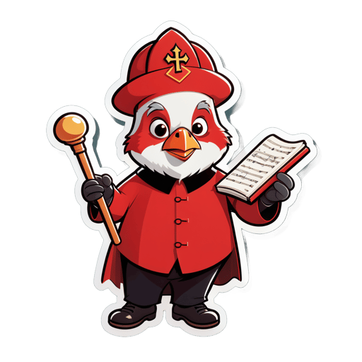 A cardinal with a songbook in its left hand and a conductor baton in its right hand sticker