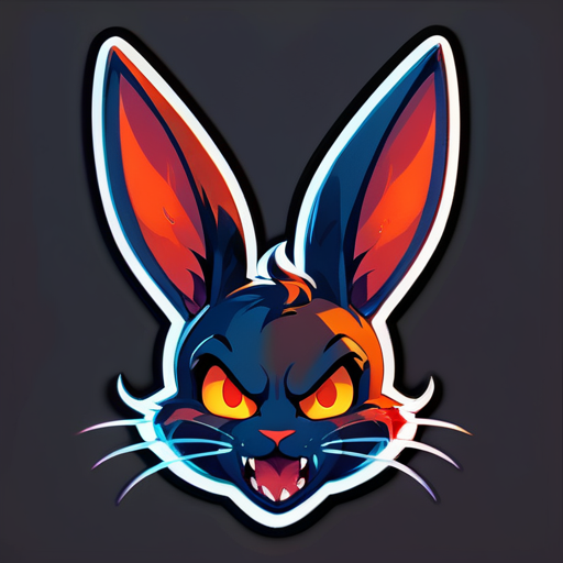 Ears: Long, pointed bunny ears with a devilish twist.
Face: The bunny's face, featuring a mischievous expression, fiery eyes, and a dark sky blueish complexion.
Expression: Playful yet subtly sinister grin.
Background: Flames and fiery effects.
Colors: Dark tones with intense reds and oranges, complemented by the dark sky blueish bunny face. sticker