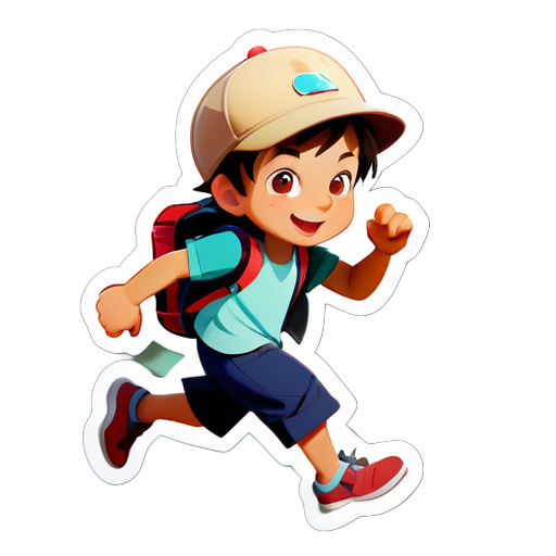 A little boy, wearing a hat and travel clothes, is ready to travel with a sprinting action, realistic sticker