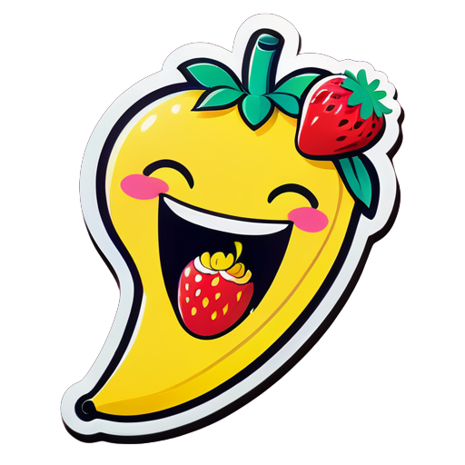 draw a laughing banana at the same time banana eating strawberry put strawberry little bit inside mouth sticker