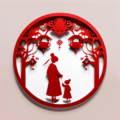 this paper cut is a chinese traditional folk art, inchinese theme, flat, all red paper, minimalism, luxurious wall hangings, square shapes, precisionist lines and shapes,under the ginkgo tree, grandchildren and grandmother,admiring ginkgo, low details sticker