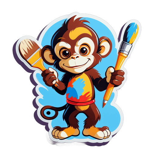 Un singe avec un pinceau dans sa main gauche et une palette dans sa main droite sticker