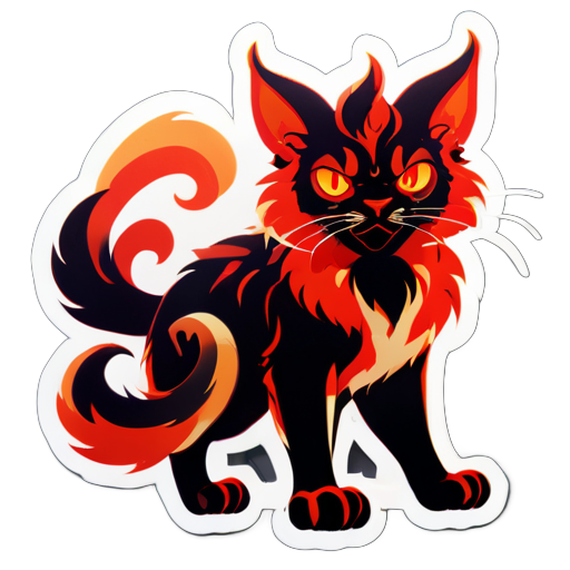 a cat-Aries is depicted in red tones, with fiery eyes and fur resembling flames. It stands on its hind legs, ready for battle, and looks very confident. It also has small horns on its head." sticker