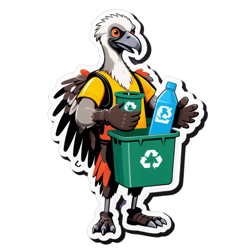 Ein Geier mit einem Recyclingbehälter in seiner linken Hand und einem Reinigungshandschuh in seiner rechten Hand sticker