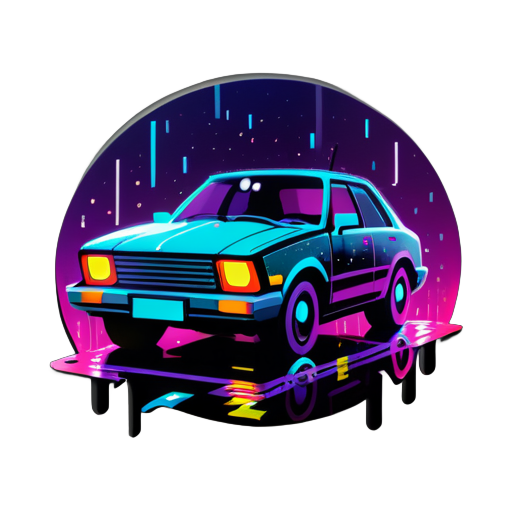 um carro na chuva à noite com luzes do tipo cyberpunk sticker