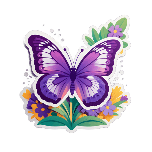 Mariposa morada descansando sobre flores sticker