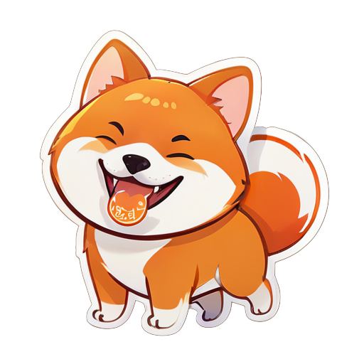 Un Shiba Inu mignon au style cartoon, de couleur orange roux, souriant, tirant la langue, avec un motif chinois "dix-sept" sur son corps. sticker