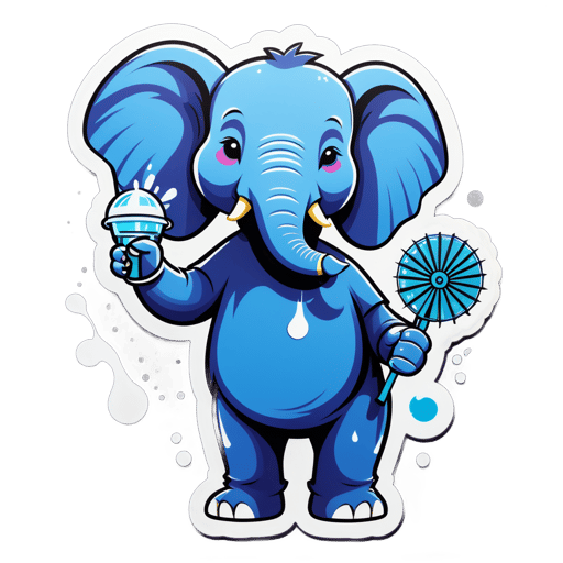 Um elefante com uma garrafa de spray de água em sua mão esquerda e um ventilador em sua mão direita sticker