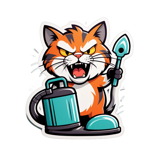 Angry Cat vs Vacuum: Bristled fur, flattened ears, hissing at vacuum cleaner. sticker