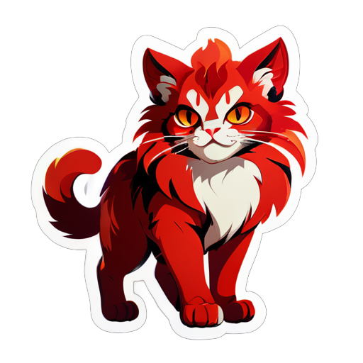 a cat-Aries is depicted in red tones, with fiery eyes and fur resembling flames. It stands on its hind legs, ready for battle, and looks very confident. sticker