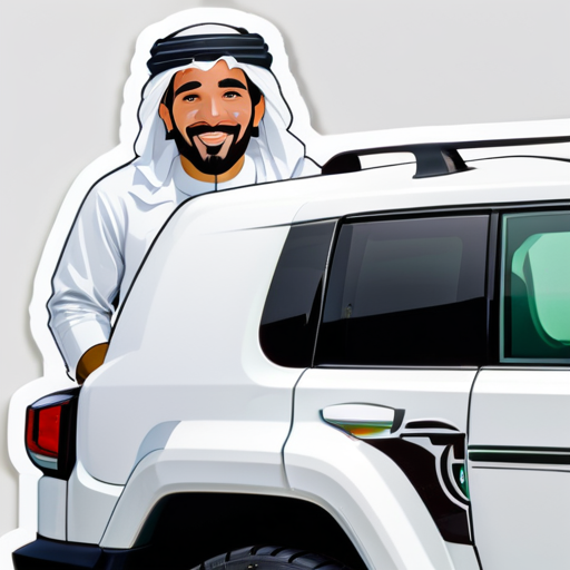 A saudi man with traditional clothing riding a white fj cruiser car sticker