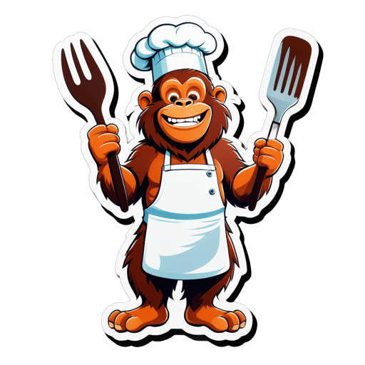 Un orang-outan avec un tablier de chef dans sa main gauche et une spatule de cuisine dans sa main droite sticker