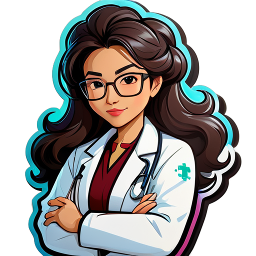 Asian female doctor with big wavy hair, no hat, wearing glasses, white coat, arms crossed in front, cartoon character sticker