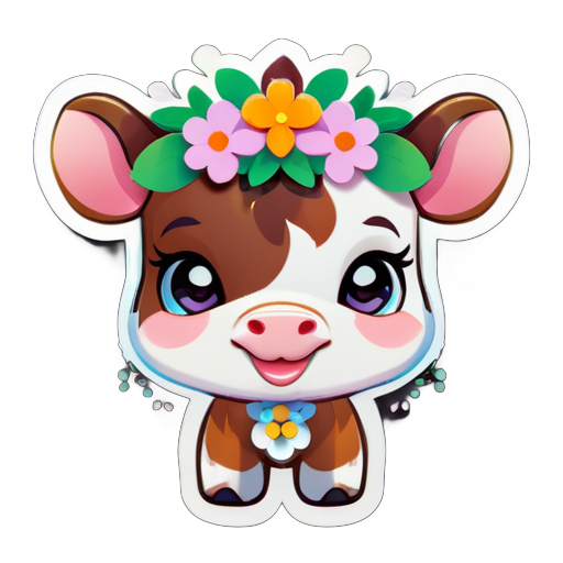 A cute cartoon calf avatar wearing a garland of flowers on its head. sticker