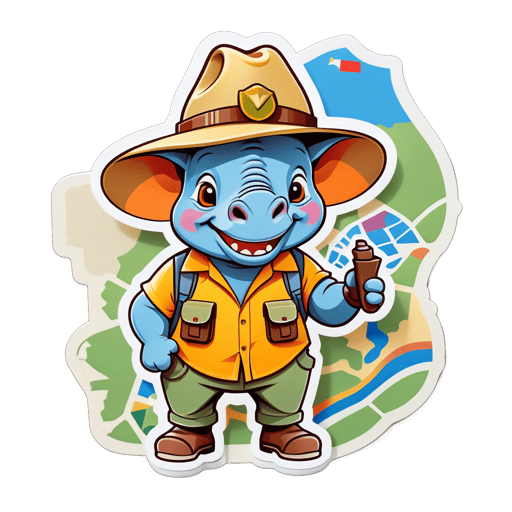 A rhinoceros with a safari hat in its left hand and a map in its right hand sticker