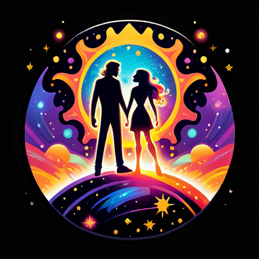 In the cosmic background, there are two suns and several stars. Each sun has a person standing on it, and the two people are facing each other. Each person is surrounded by colorful flames. One man and one woman. sticker