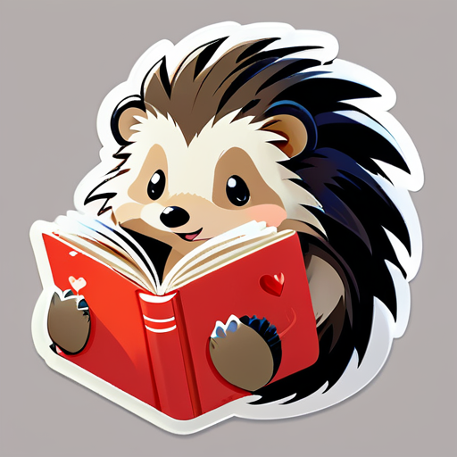 A hedgehog reading a book with a heart on it, and a pile of books behind it. sticker