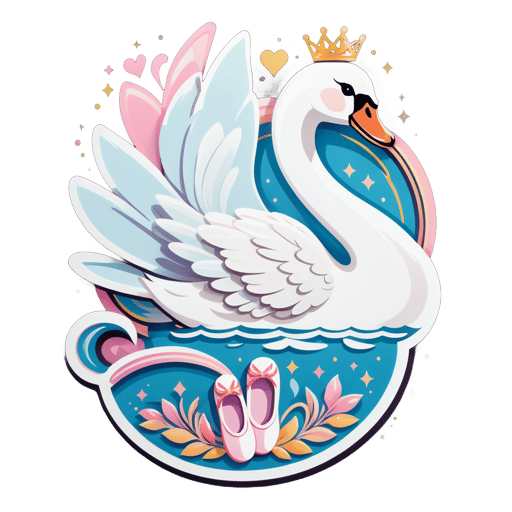 Un cisne con un zapato de ballet en su mano izquierda y una tiara en su mano derecha sticker