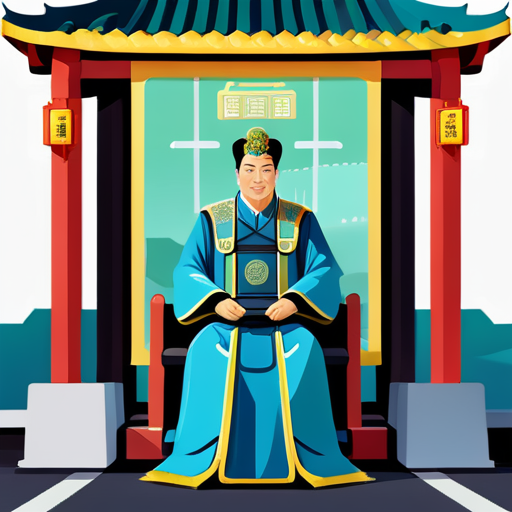 In ancient China, an emperor sat in the middle of a highway toll gate with an LED screen displaying ETC behind him. sticker