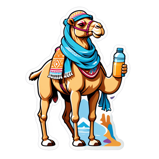 A camel with a water bottle in its left hand and a desert scarf in its right hand sticker