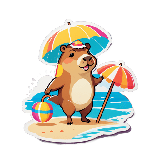 A capybara with a swimming ring in its left hand and a beach umbrella in its right hand sticker