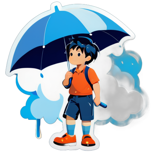 Vista lateral, um menino segurando um guarda-chuva, acima do guarda-chuva há uma nuvem, chovendo uma chuva azul sticker