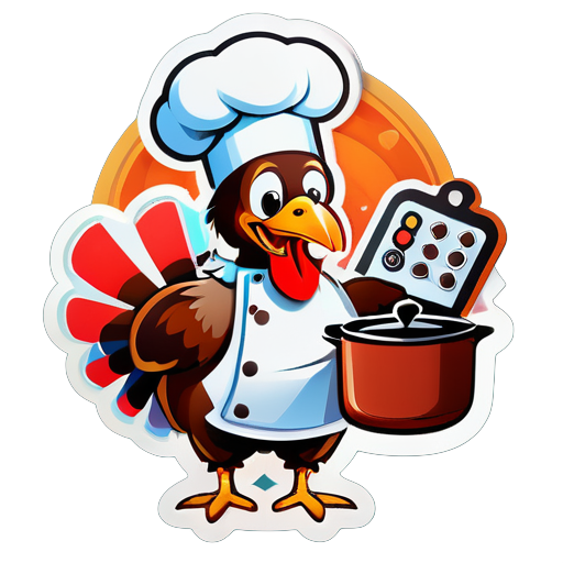 Un pavo con un gorro de chef en su mano izquierda y un temporizador de cocina en su mano derecha pegatina sticker