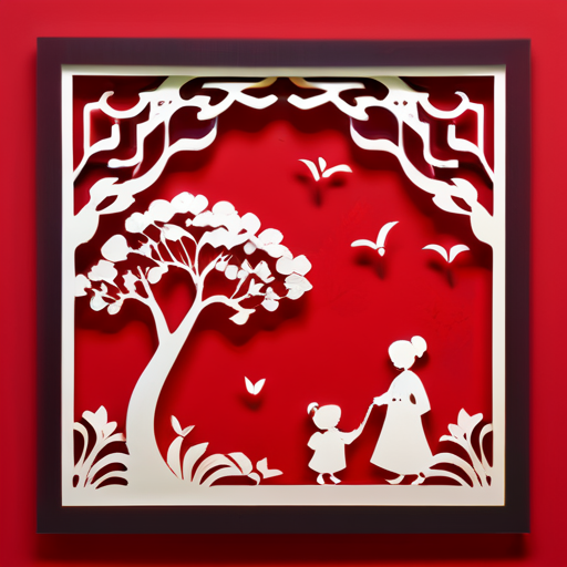 this paper cut is a chinese traditional folk art, inchinese theme, flat, all red paper, minimalism, luxurious wall hangings, square, precisionist lines and shapes,under the ginkgo tree, grandchildren and grandmother,admiring ginkgo, low details sticker