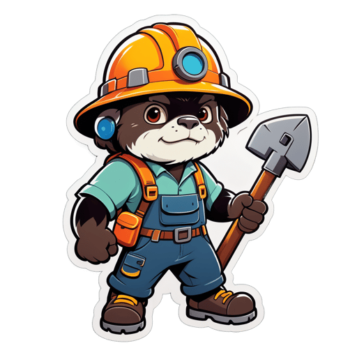 A mole with a miner helmet in its left hand and a pickaxe in its right hand sticker