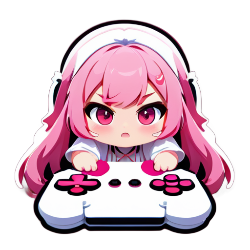 A cute little girl, SSBBW, anime, pink long hair, white dress, playing video game, PC, pink eyes sticker